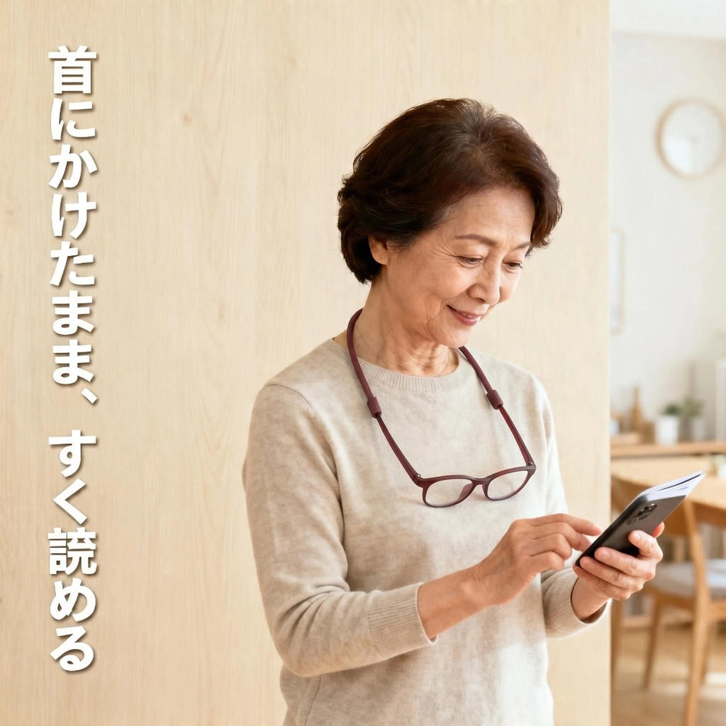 首にかけたまま、すぐ読める マグネット式老眼鏡