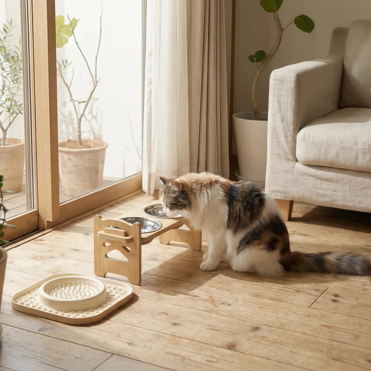 毎日の食事を、もっと心地よく。 高さ調節できる竹製フードスタンド