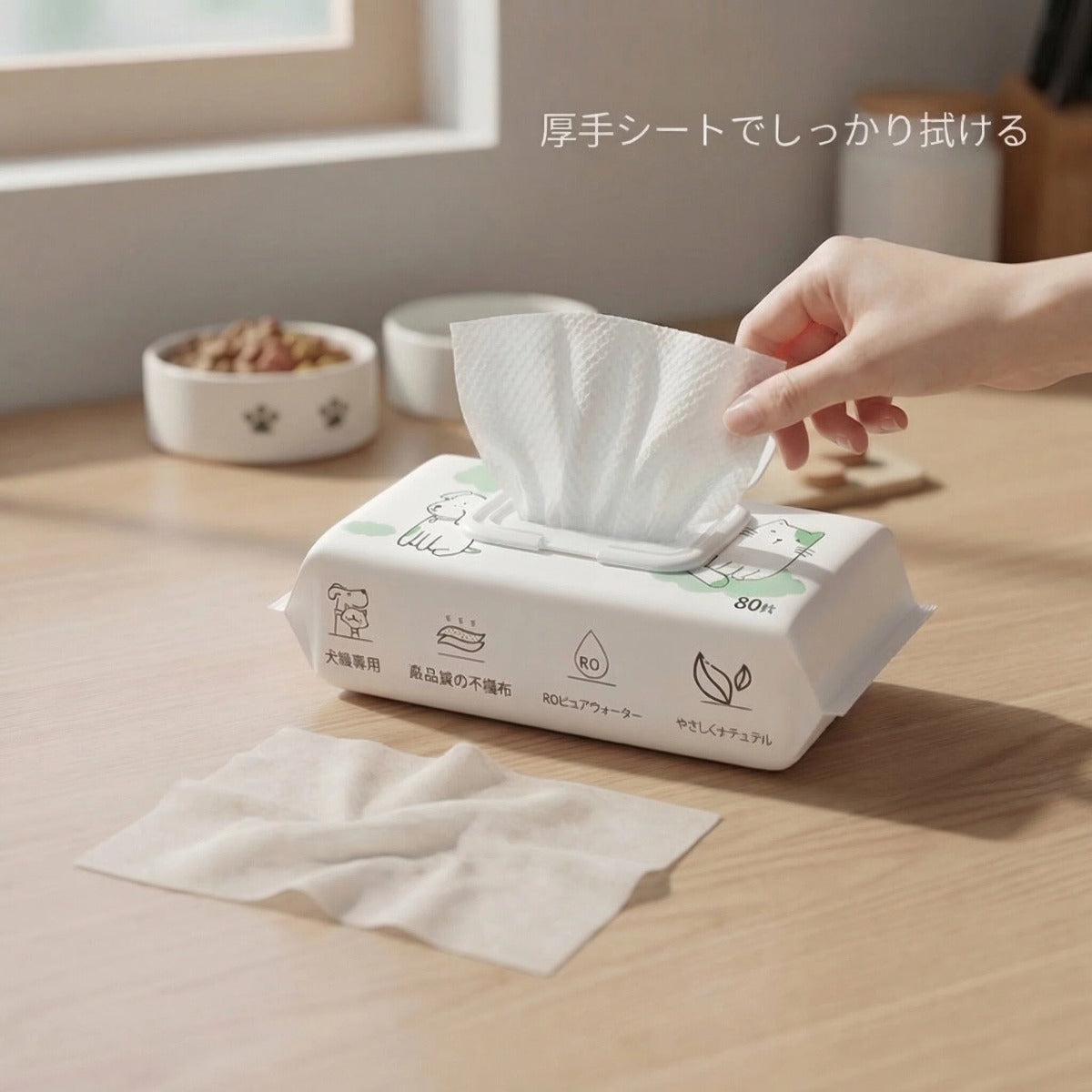 毎日のお手入れに。ペット用やさしいウェットシート（猫・犬兼用／80枚入り）